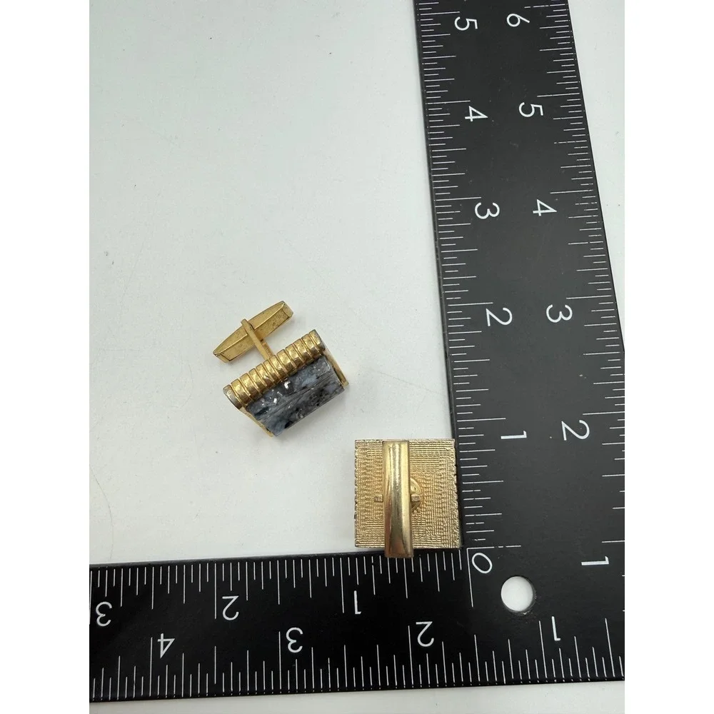 Vintage Gold Tone Speckled Stone Rectangular Cufflinks Mid Century Modern Mens